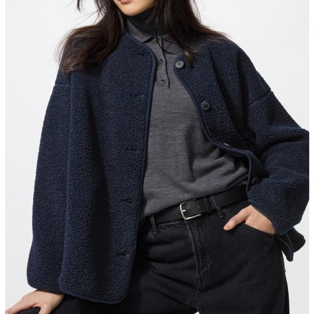 Uniqlo Pile Lined Fleece Relaxed Cardigan in Navy Blue